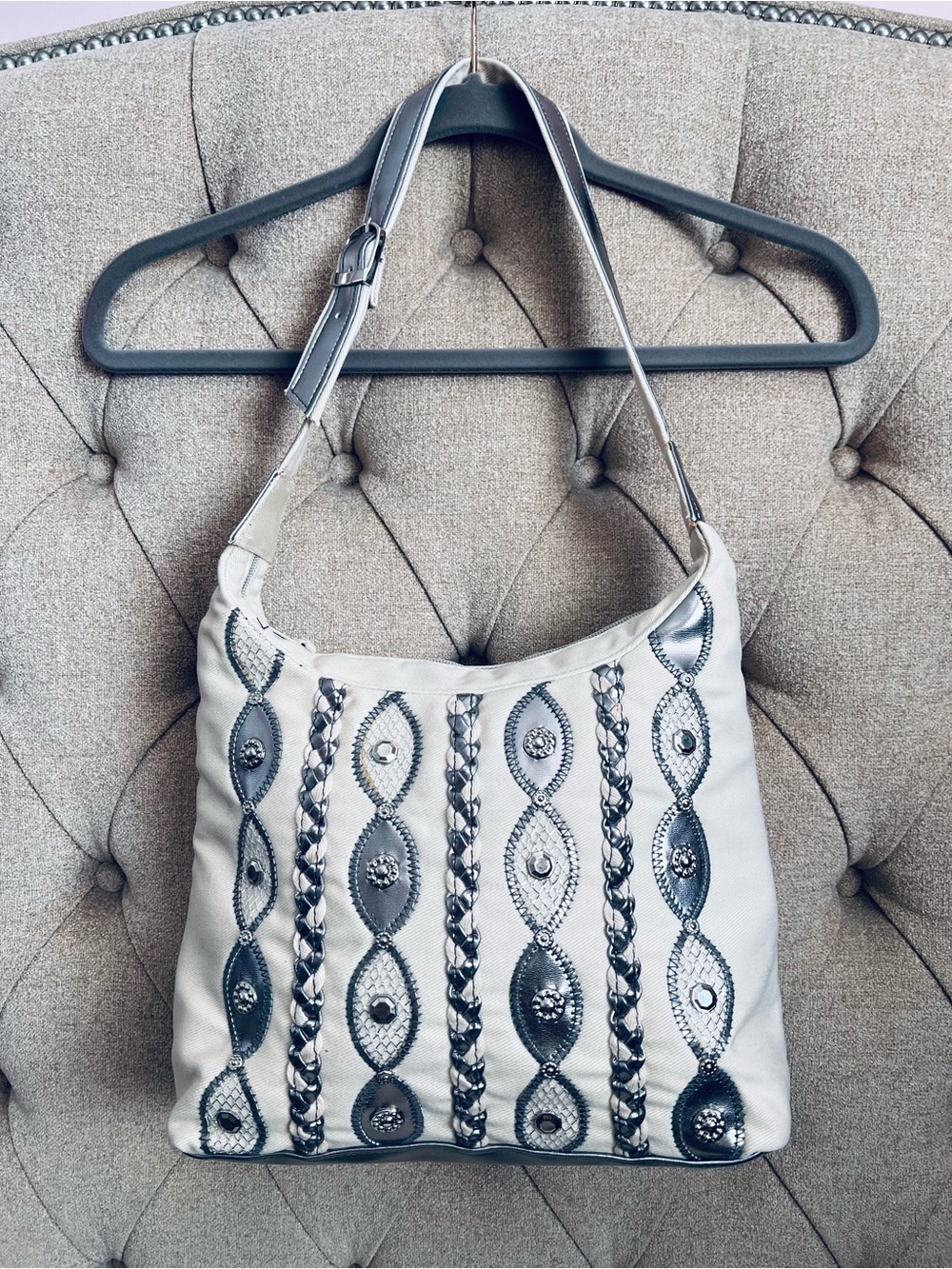Vintage Warren Reed Purse metallic silver geometric design on cream cloth